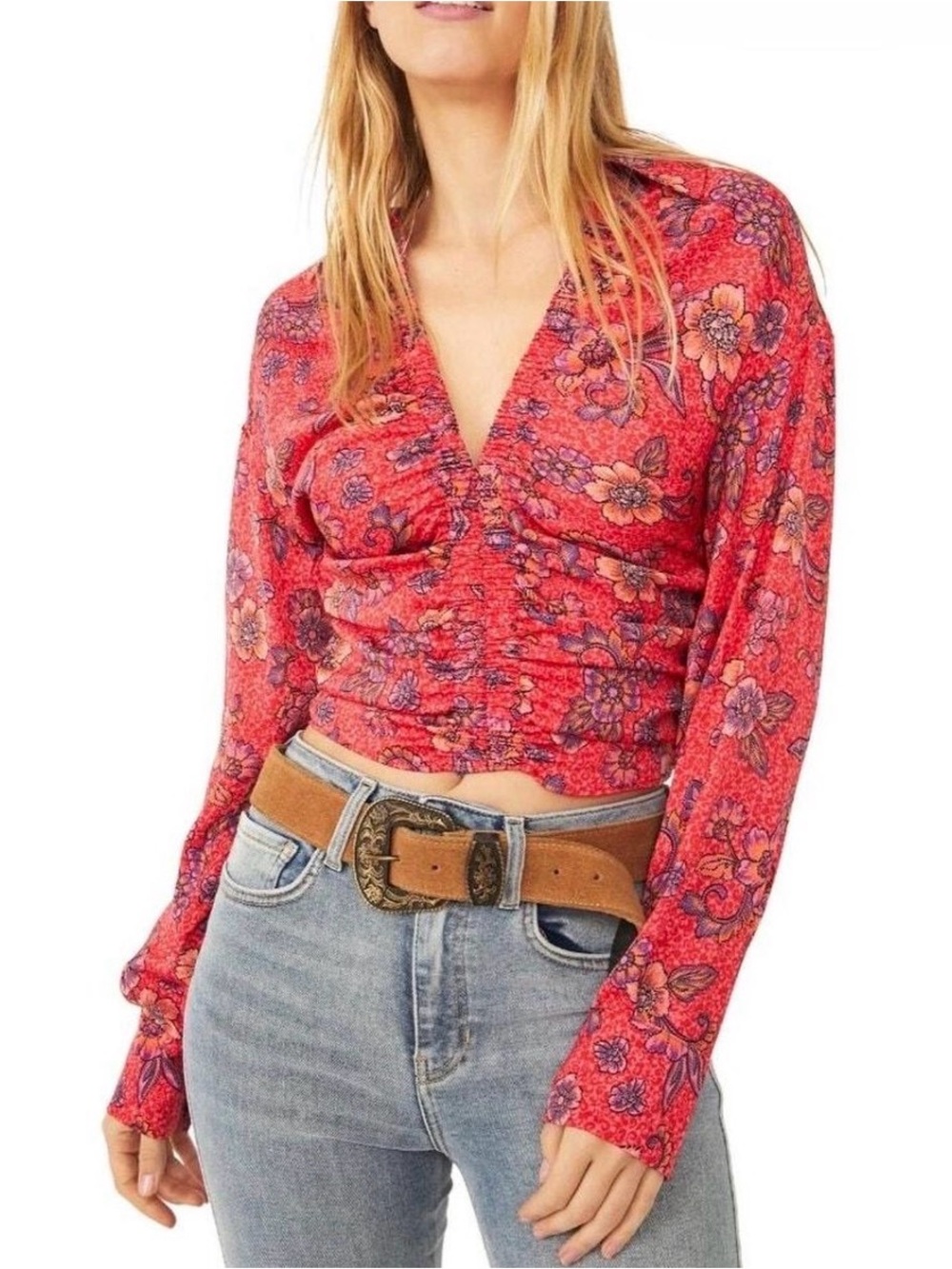Free People I Got You Floral Ruched V-Neck Long Sleeve Top